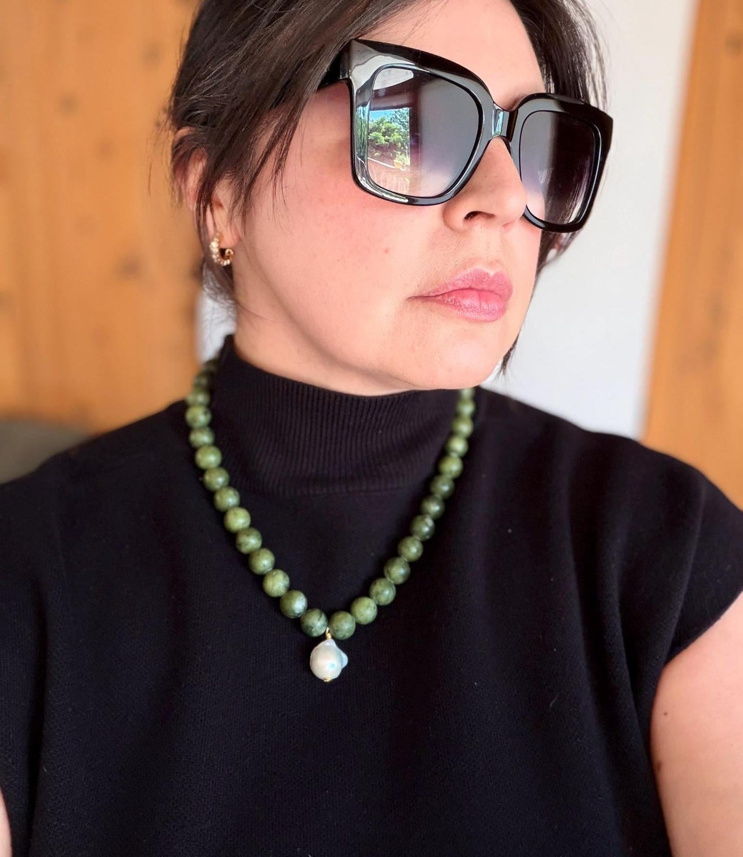 Handmade Natural Green Jade and Freshwater Pearl 20” Necklace