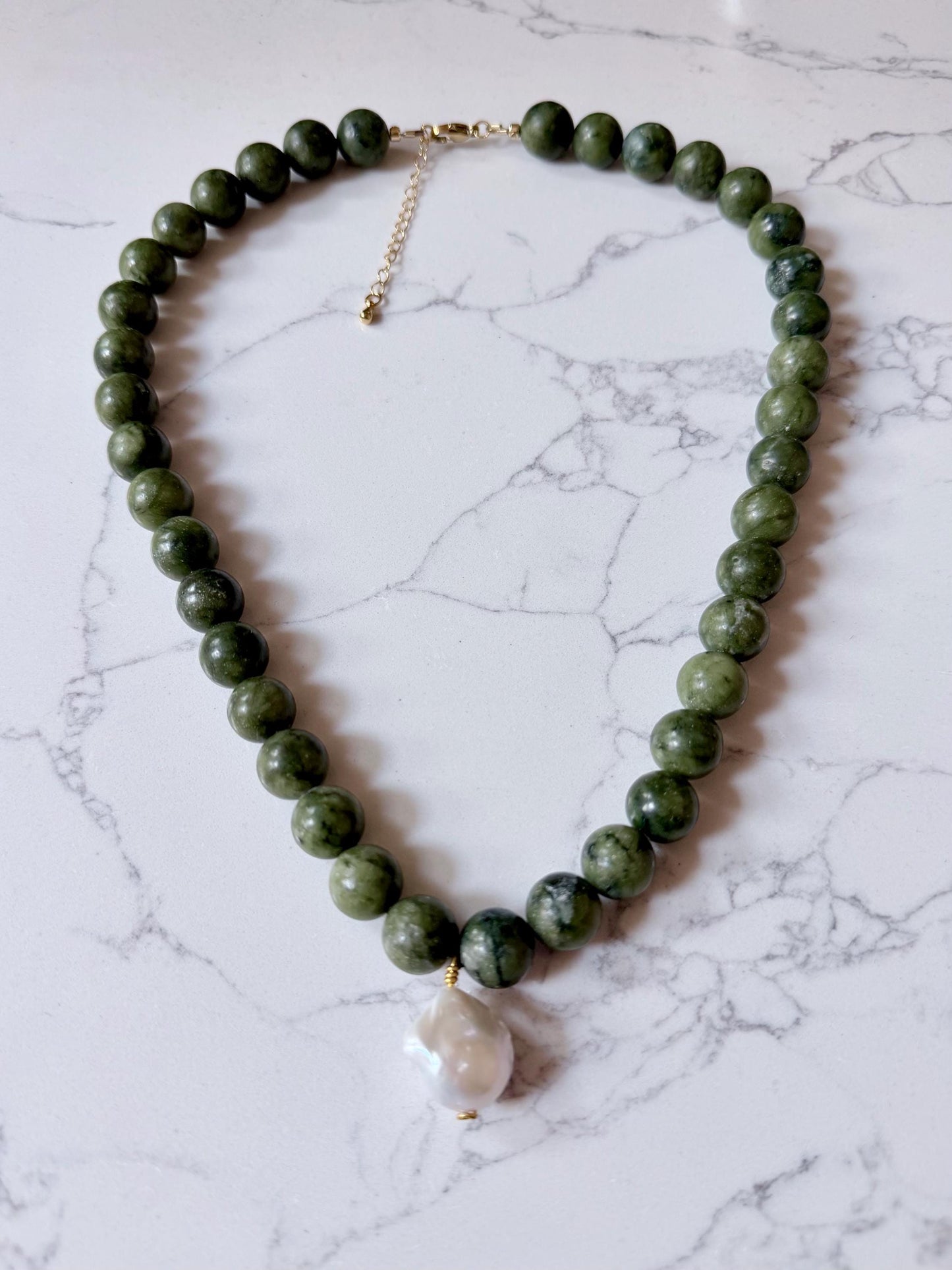 Handmade Natural Green Jade and Freshwater Pearl 20” Necklace