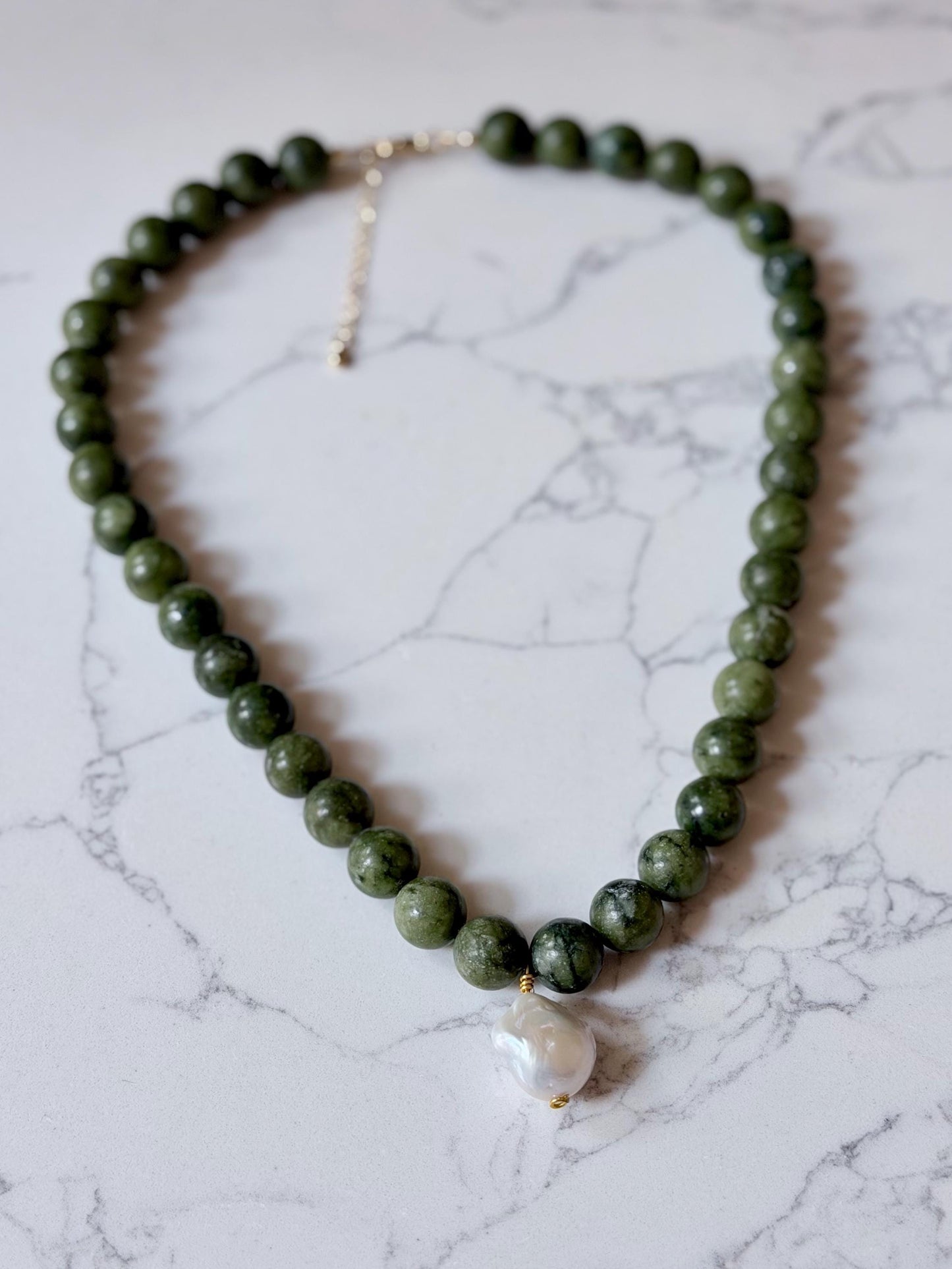 Handmade Natural Green Jade and Freshwater Pearl 20” Necklace