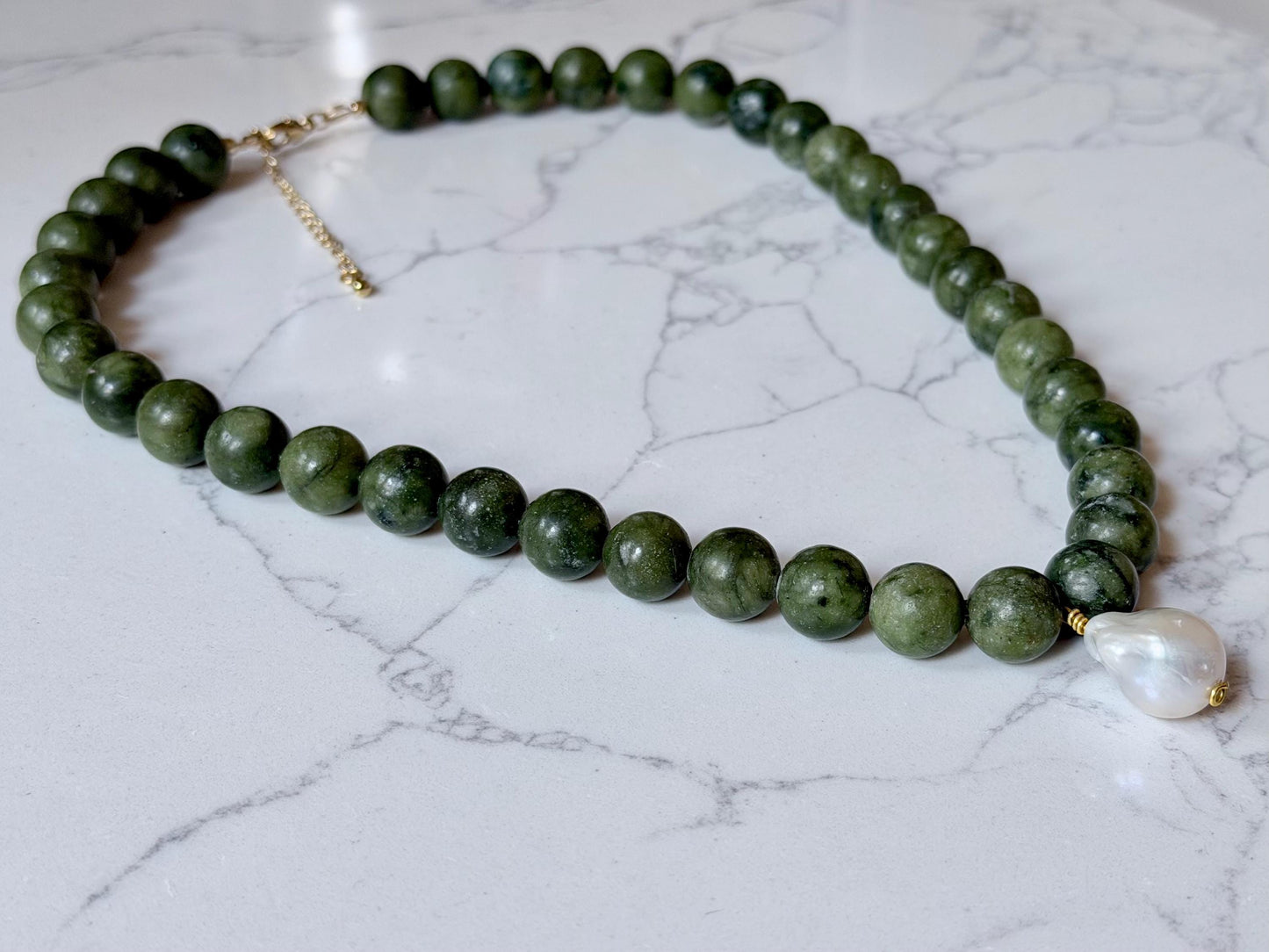 Handmade Natural Green Jade and Freshwater Pearl 20” Necklace