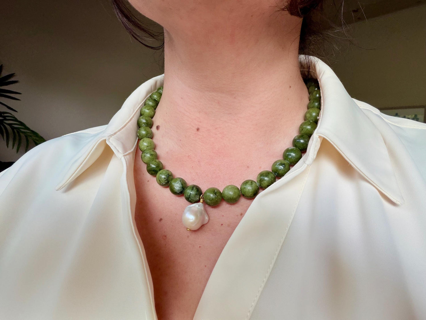 Handmade Natural Green Jade and Freshwater Pearl 20” Necklace